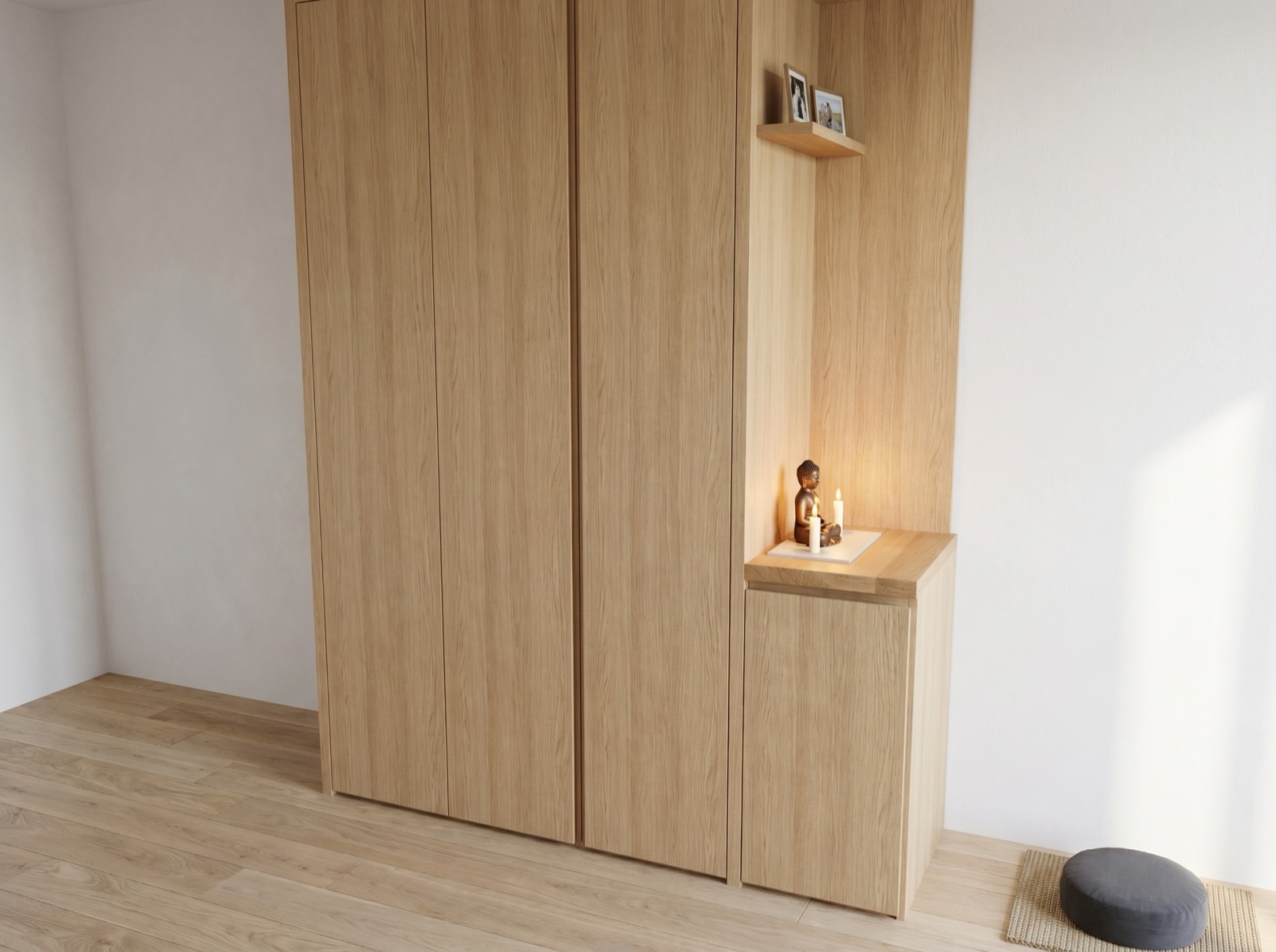 Photorealistic render of the wardrobe with candlelit shrine niche